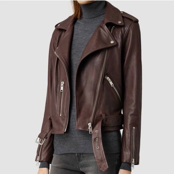 All Saints Balfern Biker Leather Jacket in Deep Berry - Picture 7 of 15